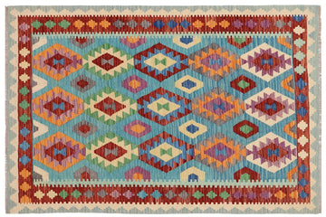 Flat Weave Kilim, Antique, Navaho, Vintage, Handmade, Geometric Kilim Blue Rust Hand-Woven Rectangle 100% Wool Area Rug 5 x 7